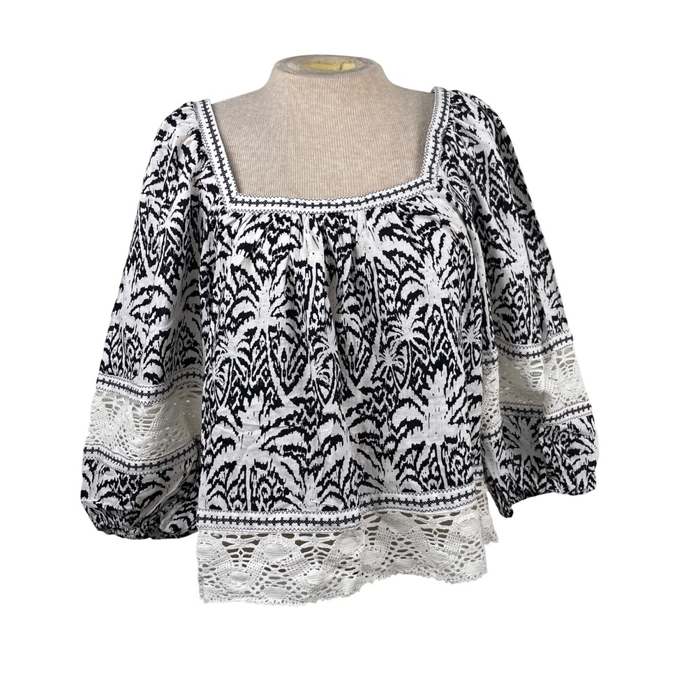 Panama Jack Womens M Black White Ikat Palm Linen Blend‎ Crochet Lace Peasant Top